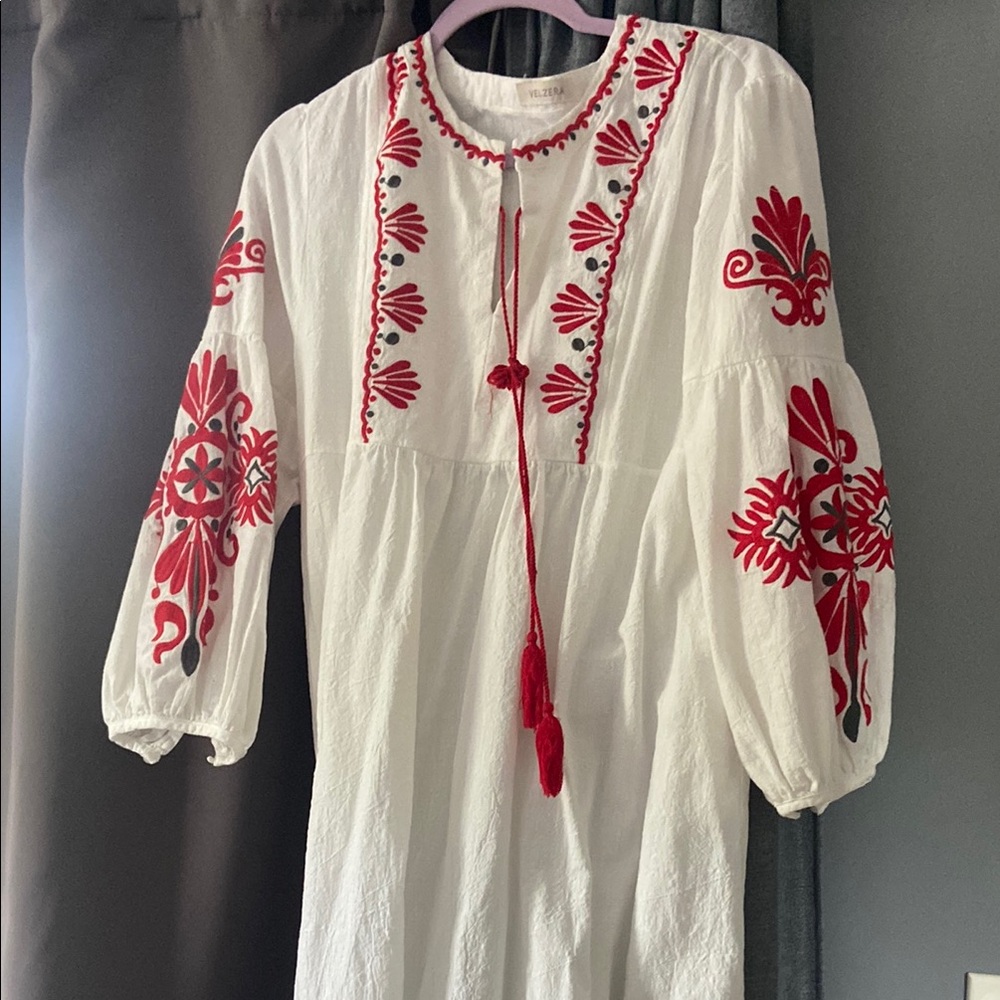 Embroidered White Dress with Red Accents